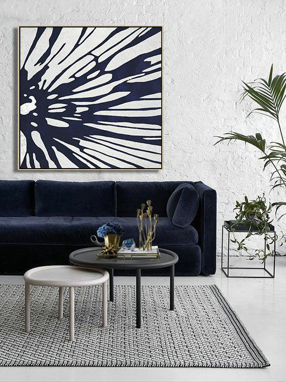 Abstract Painting Extra Large Canvas Art,Hand Painted Navy Minimalist Painting On Canvas,Unique Canvas Art